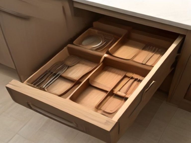 Neat, organized kitchen drawer with dividers holding essential utensils.