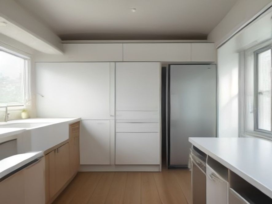 Vertical storage accessories maximizing space in a narrow galley kitchen.