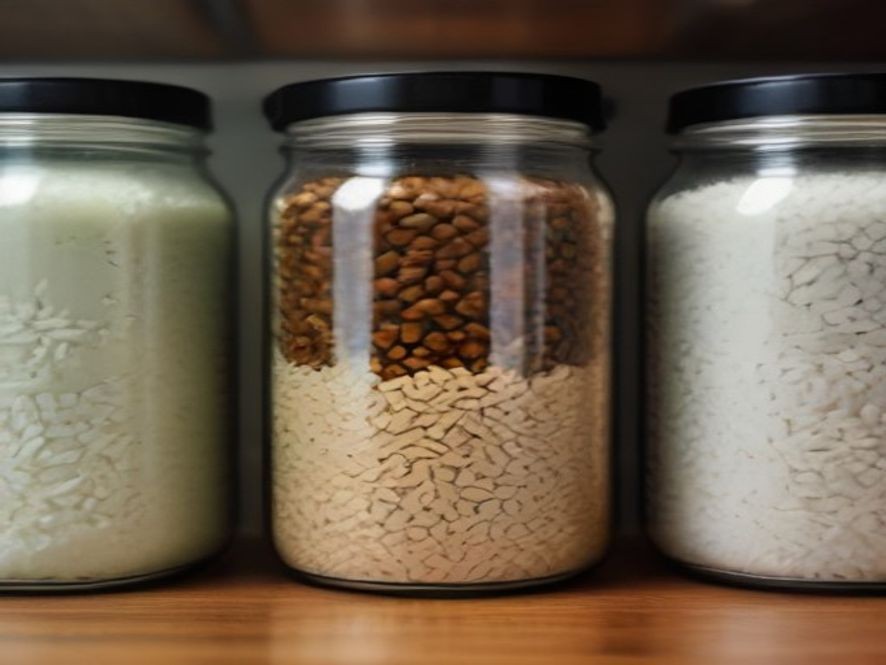 Bulk pantry storage jars helping lower monthly household grocery costs.