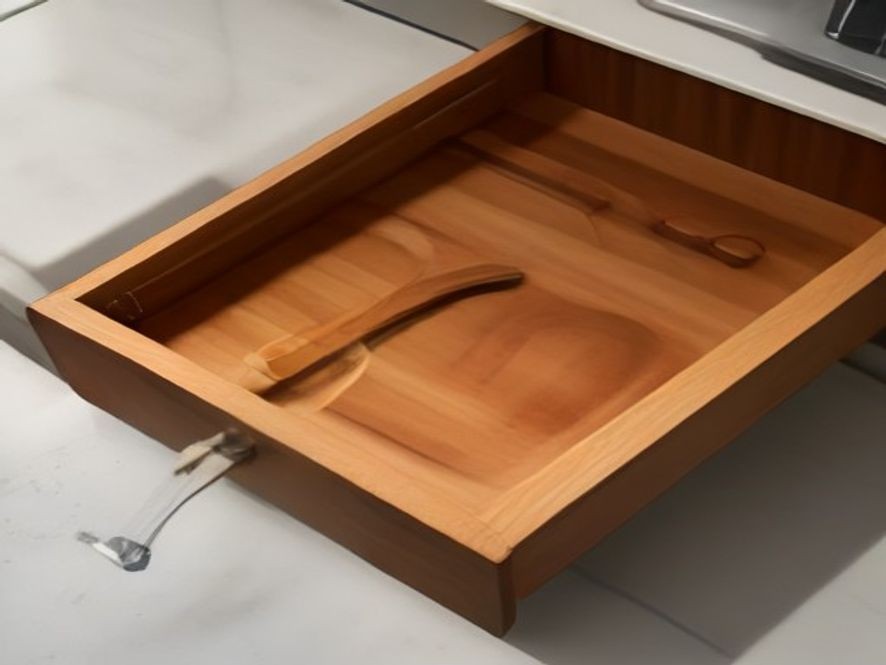Customized wooden dividers keeping cooking utensils organized in a wide drawer