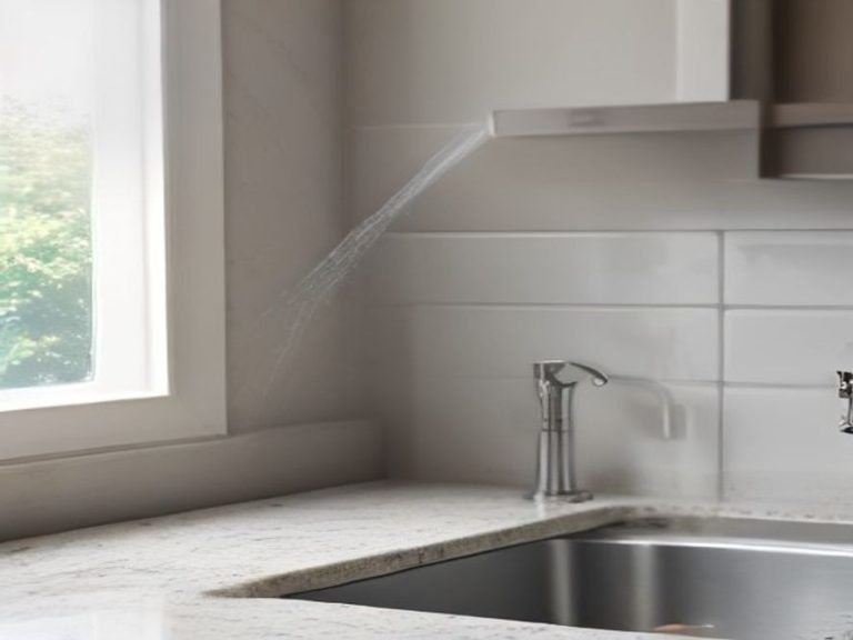 A modern chrome side sprayer mounted on a granite kitchen countertop.