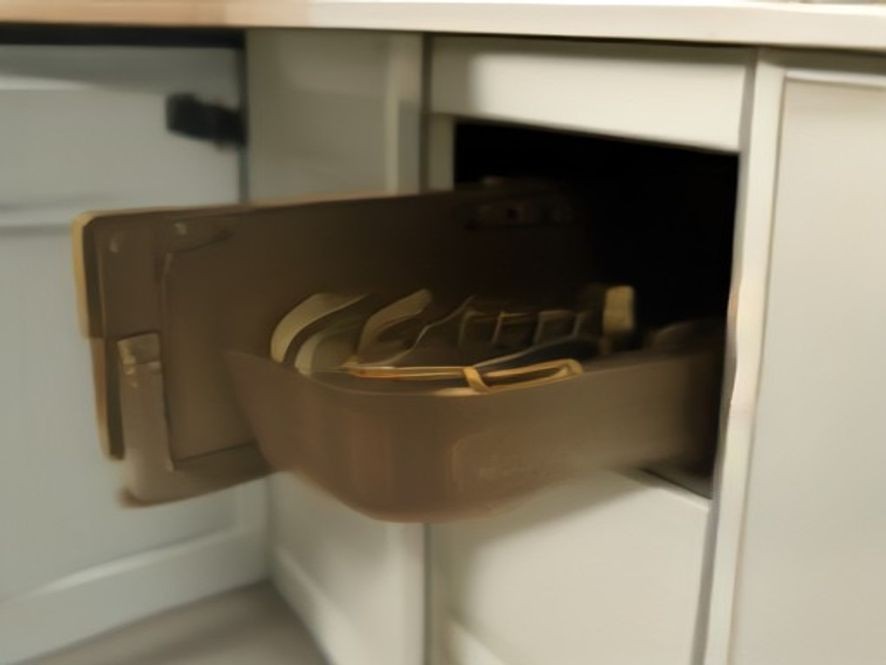 Dual brass water shutoff valves mounted under a kitchen sink cabinet.