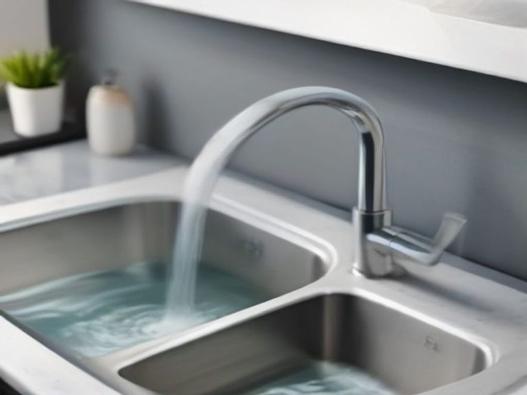 A steady water stream flowing cleanly from a modern kitchen faucet spout.