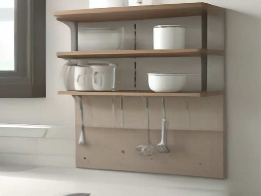Wall racks and utensil crocks solving drawerless kitchen storage issues.