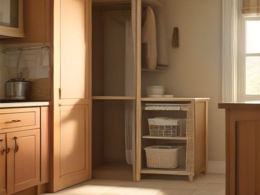Under shelf storage baskets maximizing space in an older cabinet.