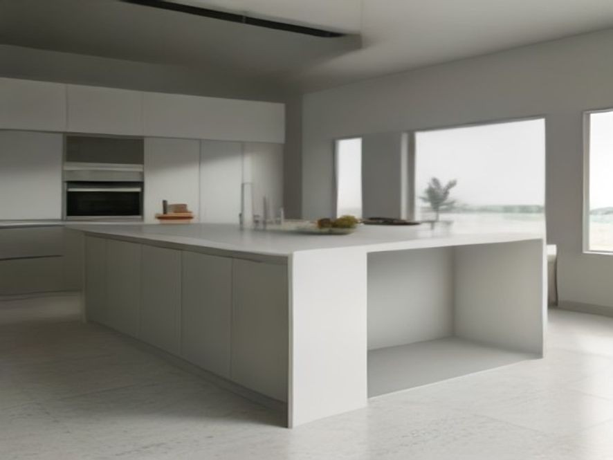 A tidy open plan kitchen island organized with sleek storage trays.