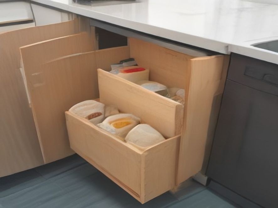 Clear pull-out bins organizing dry goods inside a deep kitchen cabinet