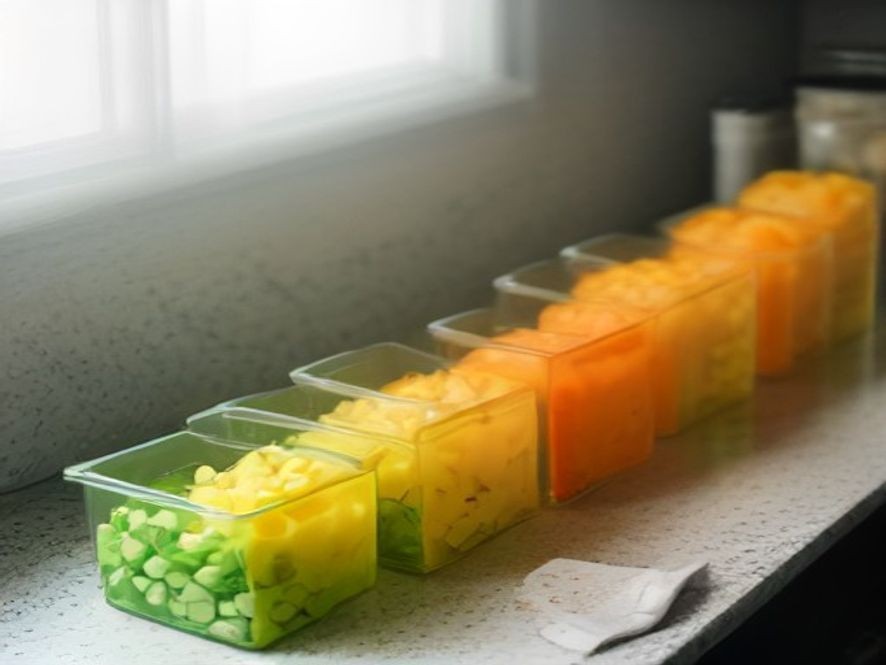 Meal prep containers lined up beside freshly chopped vegetables.