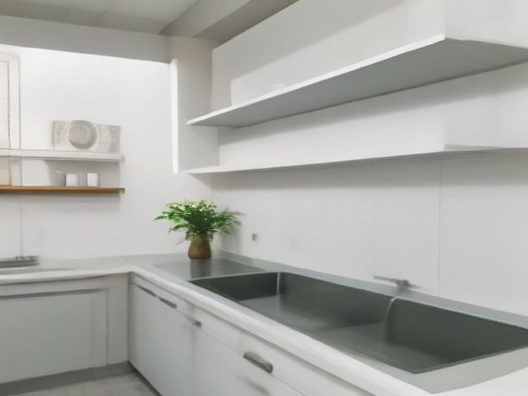 Floating wall shelves freeing up kitchen countertop space.