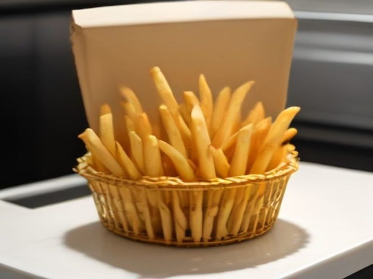 Golden crispy fries resting inside an open air fryer basket on a clean kitchen counter.