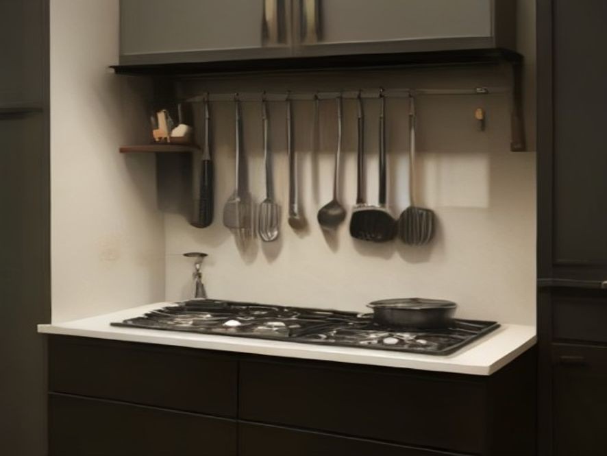 Essential cooking tools hanging neatly on an under-cabinet rack near the stove.