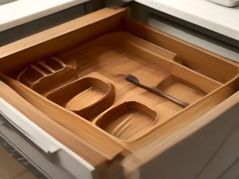 An organized kitchen drawer with custom wood dividers holding daily tools.