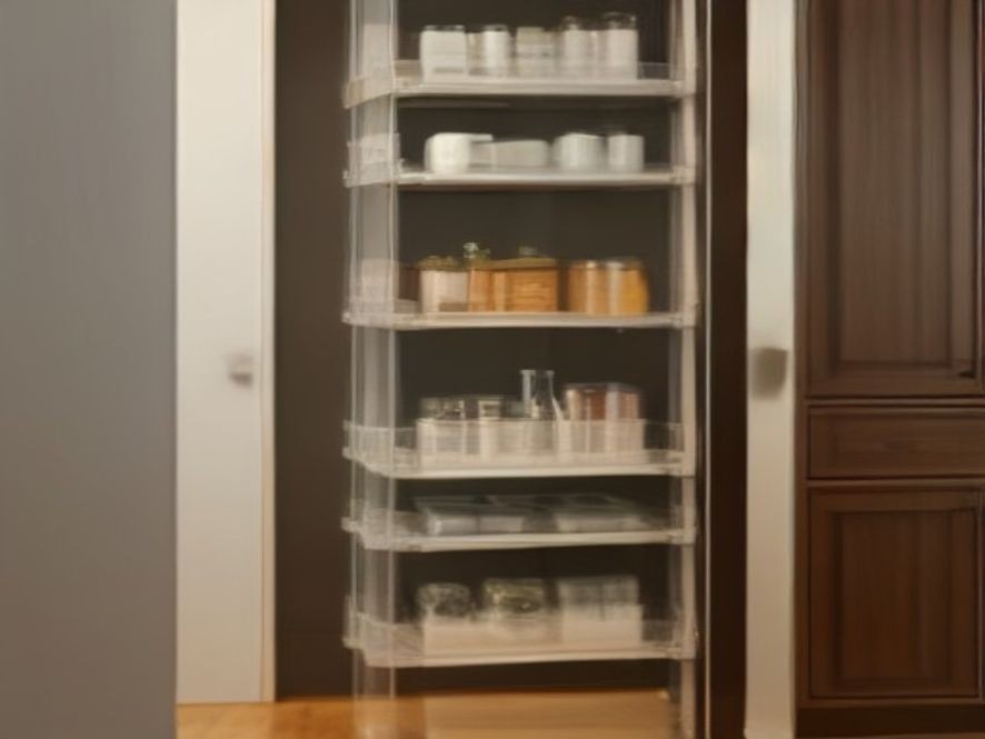 Vertical storage techniques for a narrow kitchen pantry closet.
