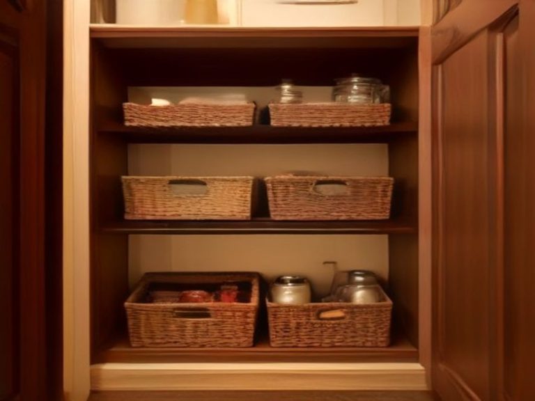 Sliding baskets and turntables on deep pantry shelves for easy access.