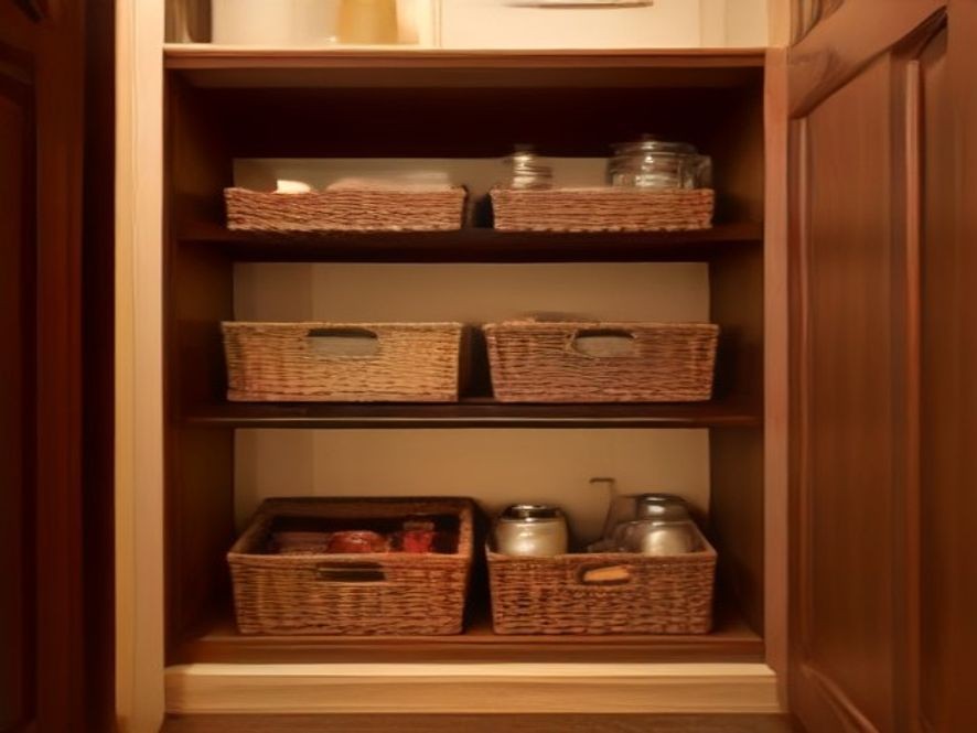 Sliding baskets and turntables on deep pantry shelves for easy access.
