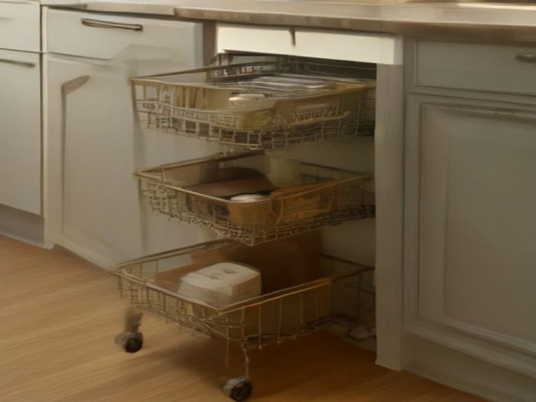Pull-out wire basket organizers installed inside a traditional kitchen cabinet