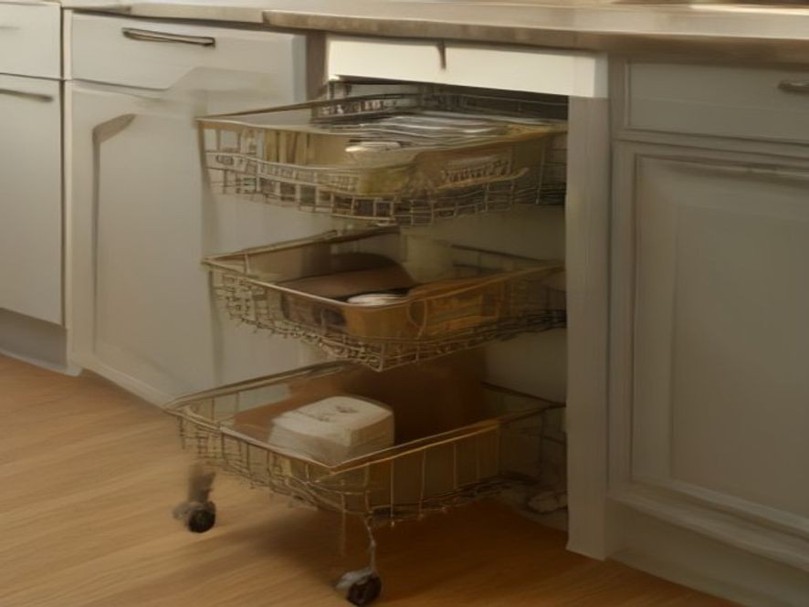 Pull-out wire basket organizers installed inside a traditional kitchen cabinet