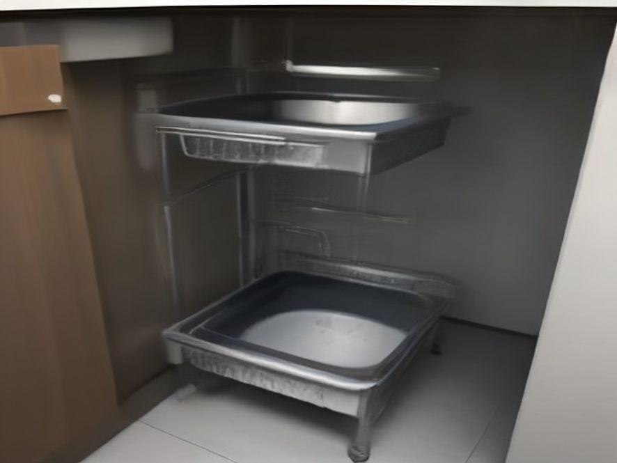 Expandable under-sink rack configured around kitchen plumbing.