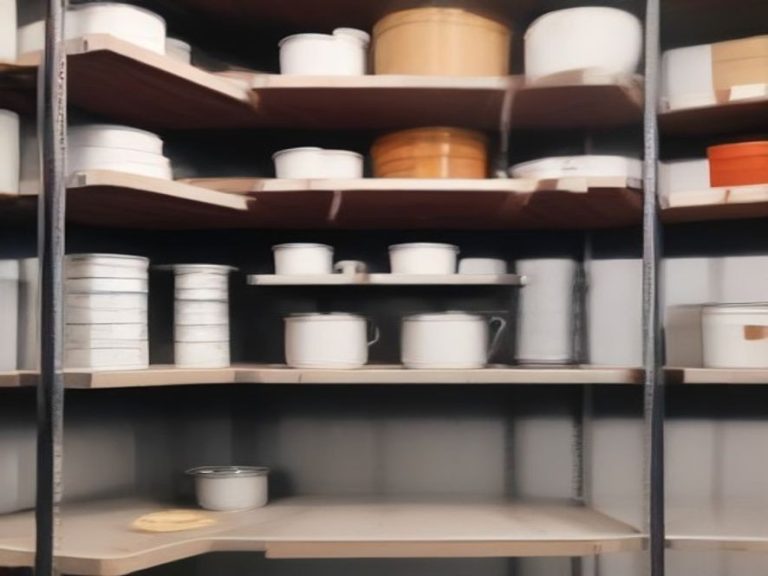 Tall shelving unit maximizing vertical height in a small kitchen.