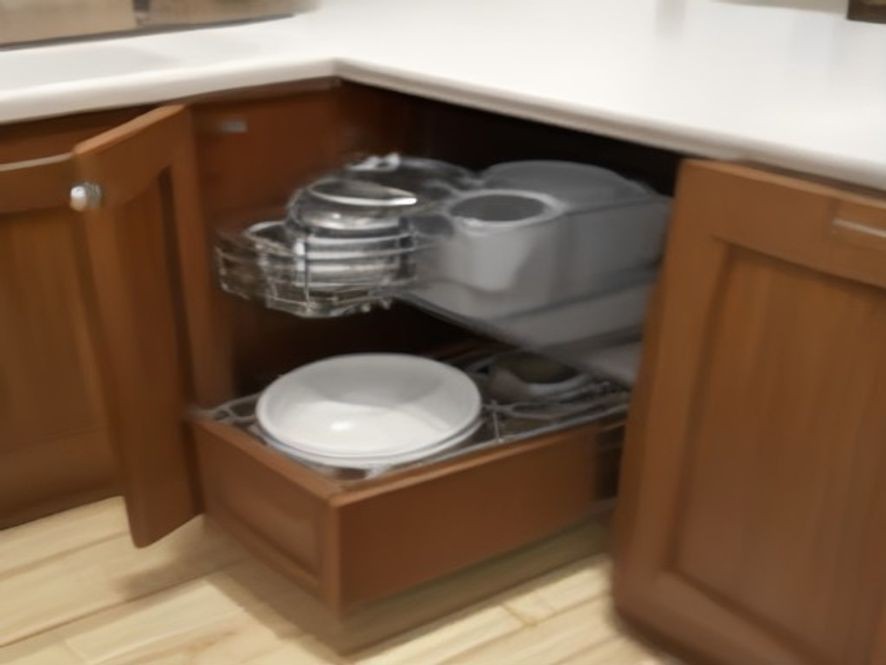 Blind corner cabinet fitted with an extended pull-out rack mechanism