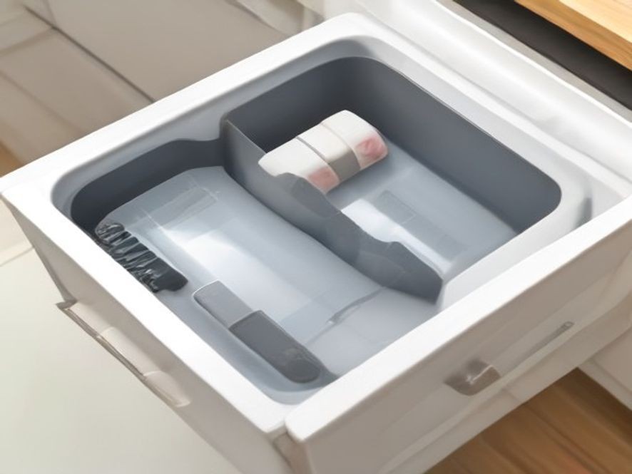 Neatly organized kitchen junk drawer featuring small white storage bins