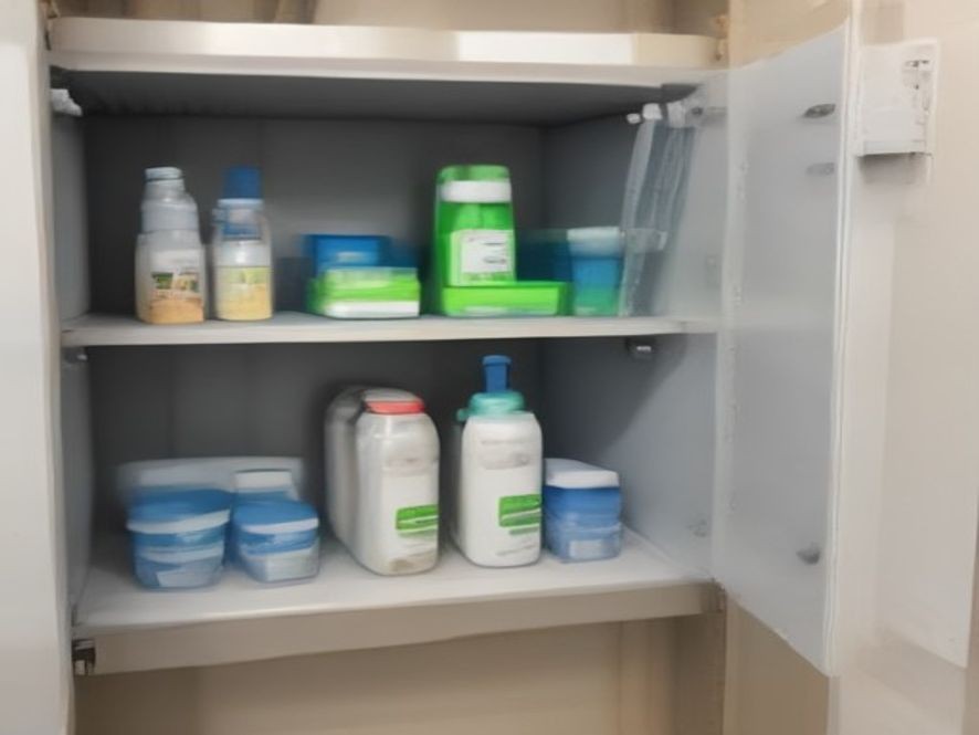 Dedicated kitchen cabinet organized with cleaning caddies and spray bottles