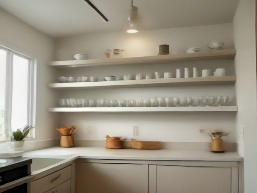Organized coffee mugs and glass drinkware arranged on cabinet shelves