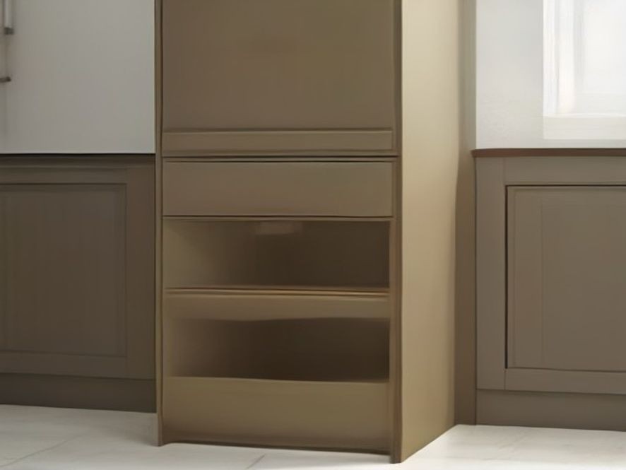 Free-standing wire risers and stackable drawers inside a fixed-shelf cabinet