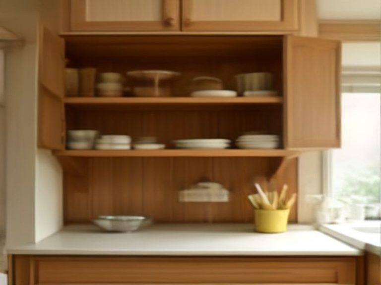Sliding wood shelves extended to reveal nested mixing bowls and colanders