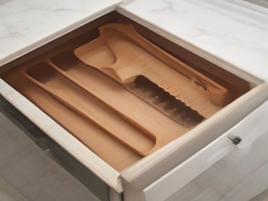 Dedicated drawer slots organizing rolling pin, cookie cutters, and baking tools