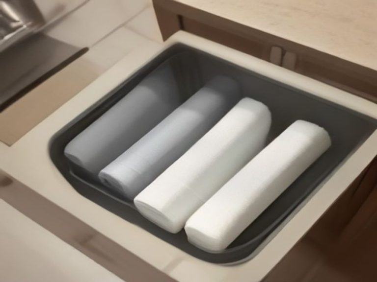 File-folded kitchen towels and pot holders standing neatly in a deep drawer