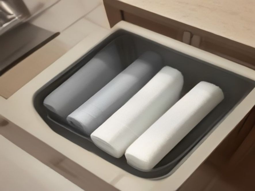 File-folded kitchen towels and pot holders standing neatly in a deep drawer