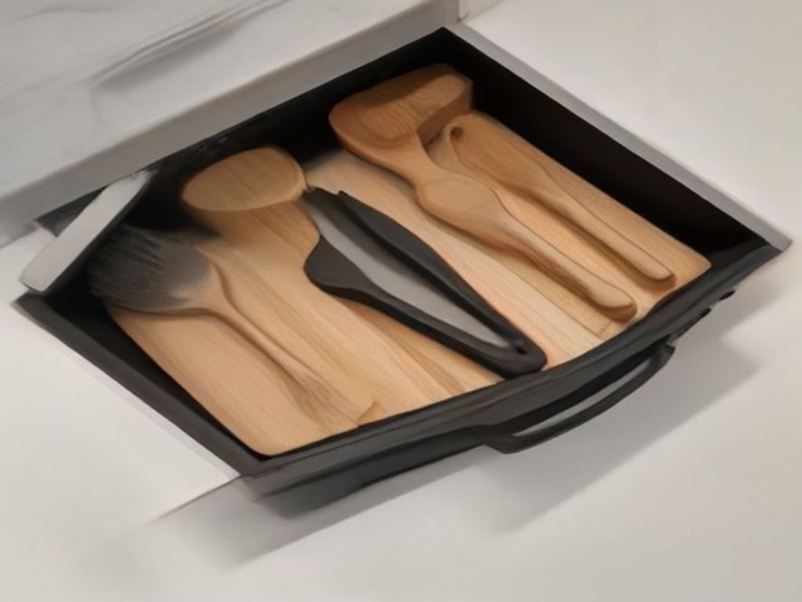 Deep long drawer compartments holding silicone spatulas, metal tongs, and spoons