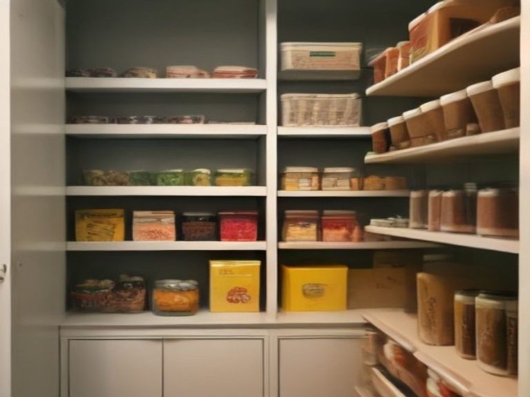 Kid friendly low pantry shelves with open snack bins.