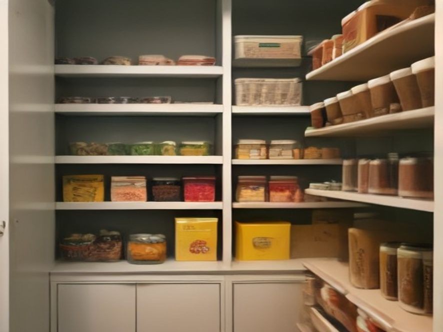 Kid friendly low pantry shelves with open snack bins.