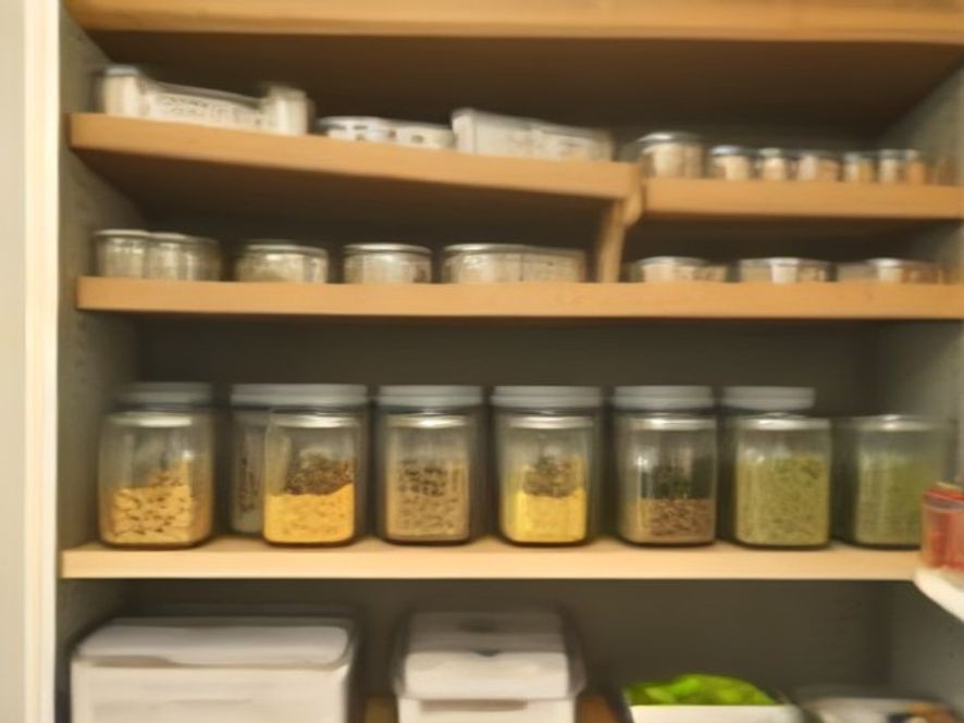 Meal planning pantry layout with labeled ingredient bins.