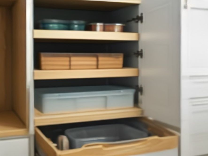 Under cabinet pantry organization with pull out drawers and clear bins.