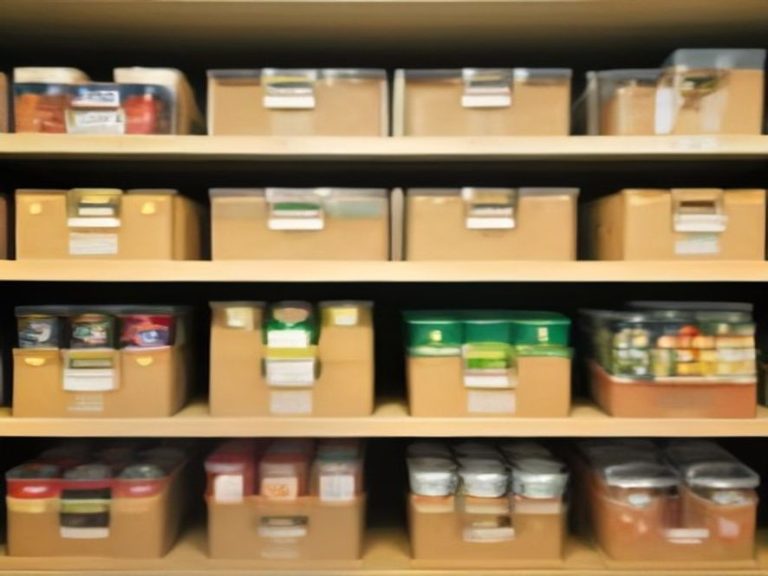 Pantry shelf featuring canned goods organized on step risers.