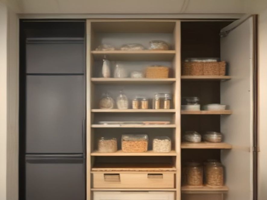 Adjustable pantry shelving organized by container height.