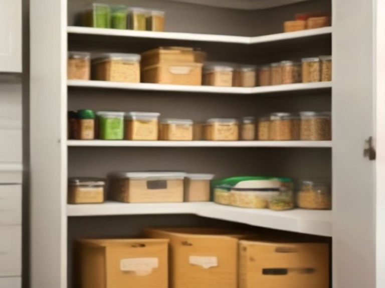 Pantry storage using wide open bins for original food packaging.