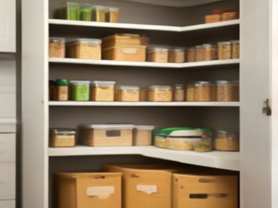 Pantry storage using wide open bins for original food packaging.