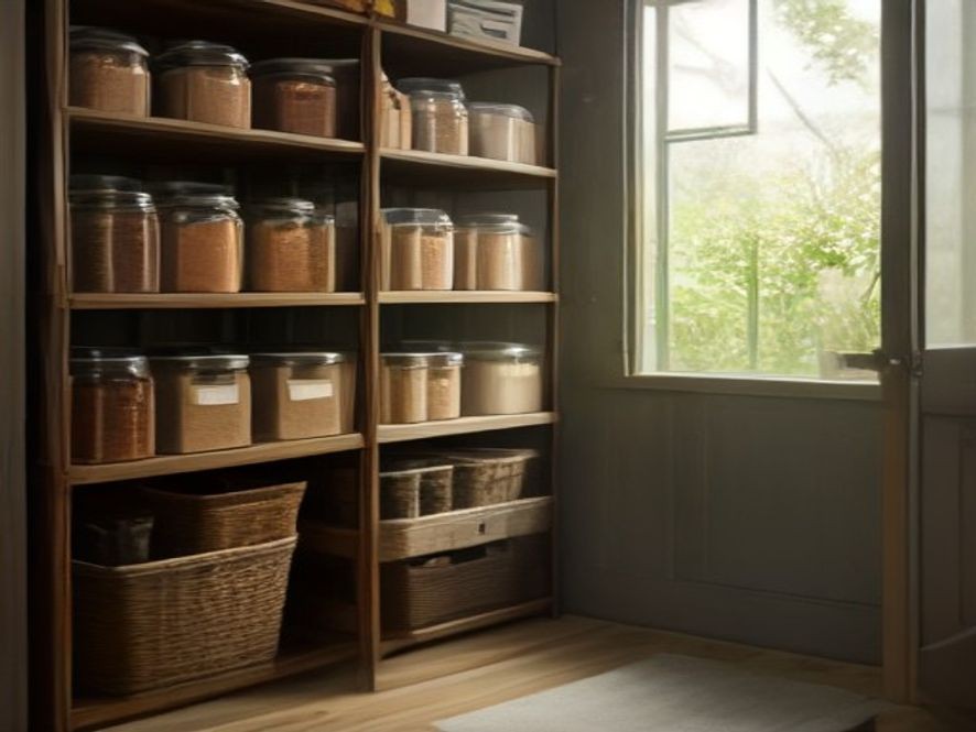 Plastic free pantry organization featuring glass jars and wire baskets.