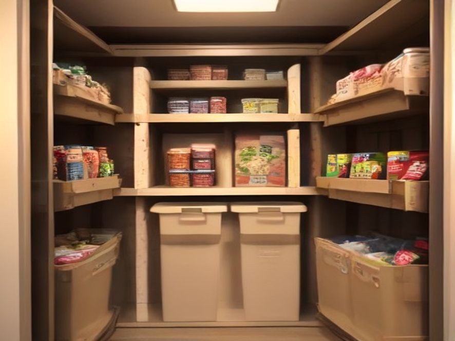 Family pantry organized with accessible lower bins and bulk storage.