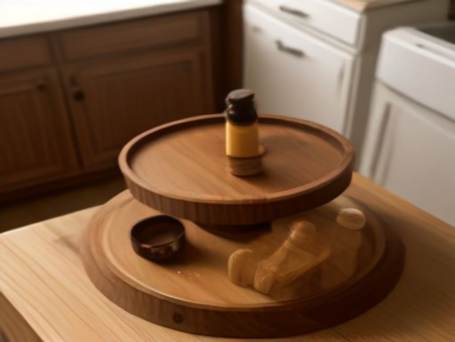 Two-tier countertop lazy susan organizing a kitchen corner.