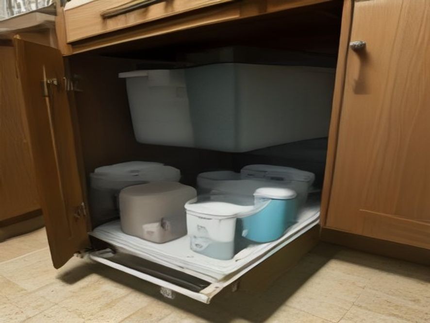 Two-tier sliding drawers organizing a small under-sink cabinet.