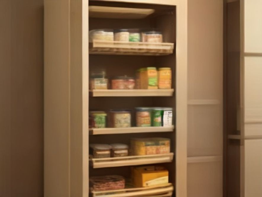 Vertical space savers inside a compact pantry cabinet.
