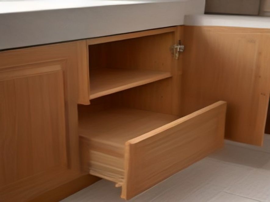 Smooth pull-out wooden drawers inside deep kitchen cabinets.