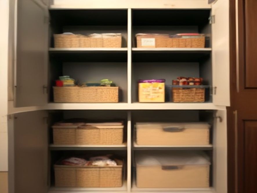 Open baskets used to organize half used cereal boxes and bags.