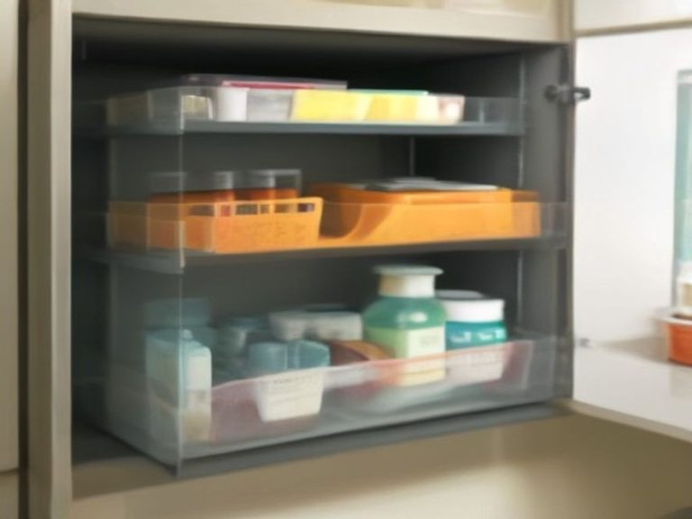 Clear acrylic storage bins organizing categorized food packets on a cabinet shelf