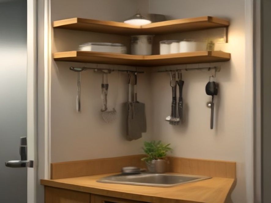 Space-saving vertical tool storage in a compact kitchen space.
